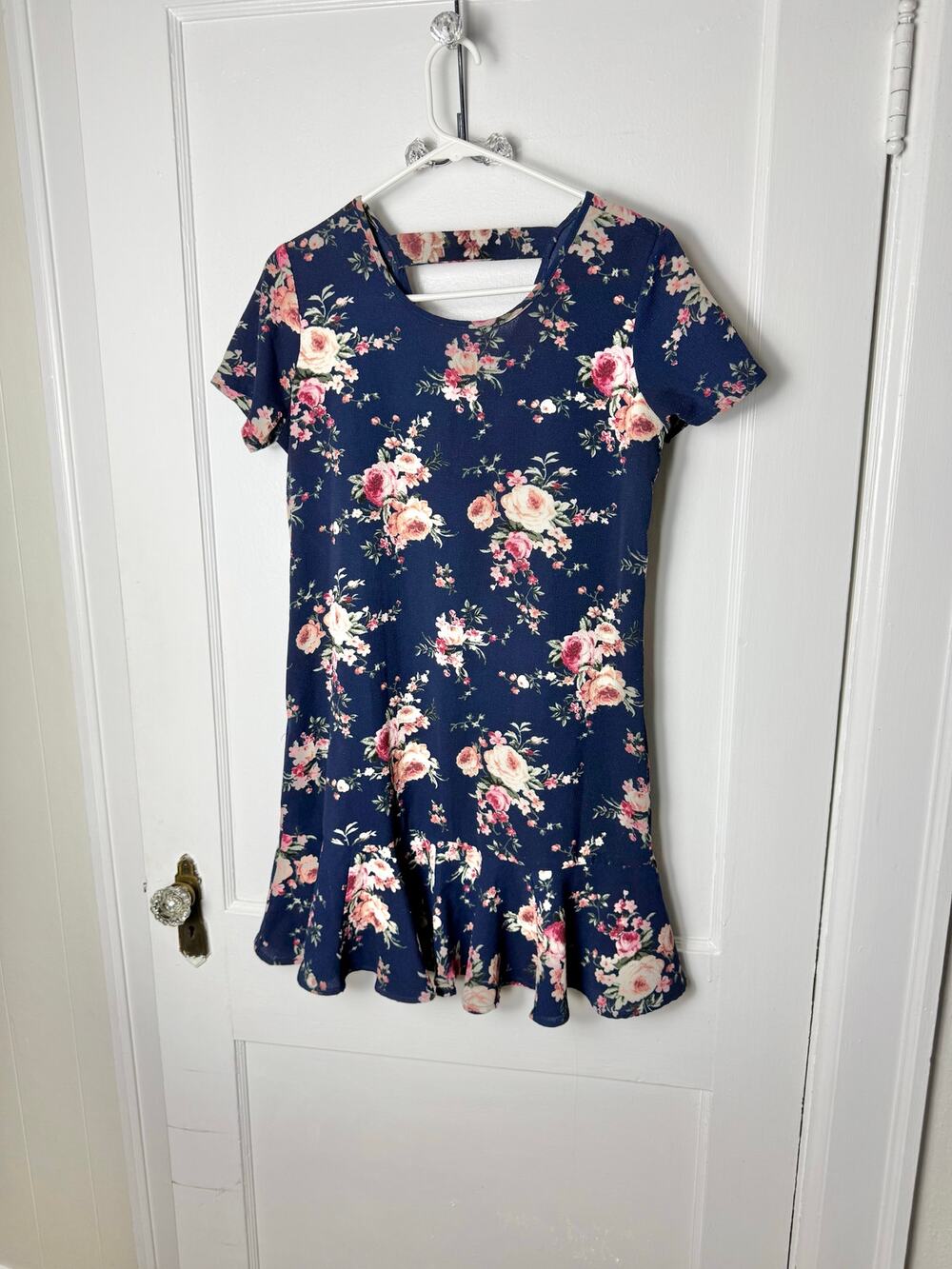 Blue Rain Navy Blue Floral Drop Waist Short Sleeve Mini Dress Women's Small